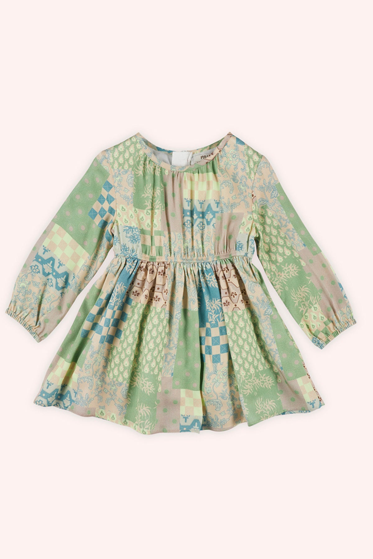 Rochie cu maneca lunga si elastic in talie, PANCO - Botanic Garden, Bej & Verde, pentru fetite