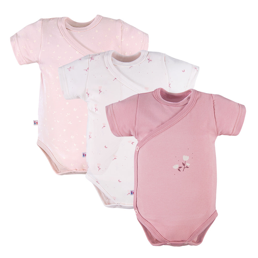 Set 3 Body-uri cu maneca scurta si model floricele, EEVI - Petite, Roz, pentru fetite