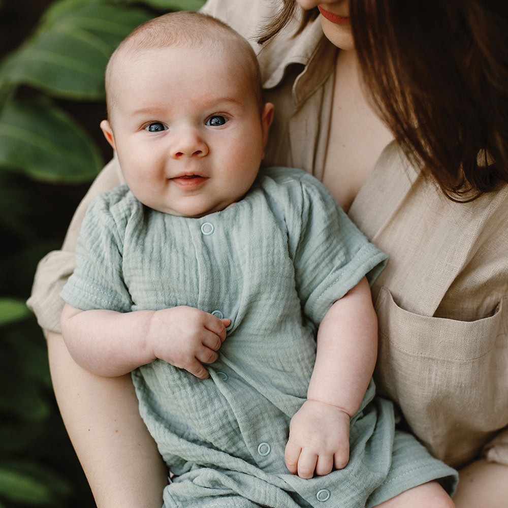 Salopeta scurta din muselina, EEVI - Pearlfect, Verde Pacific, pentru baieti