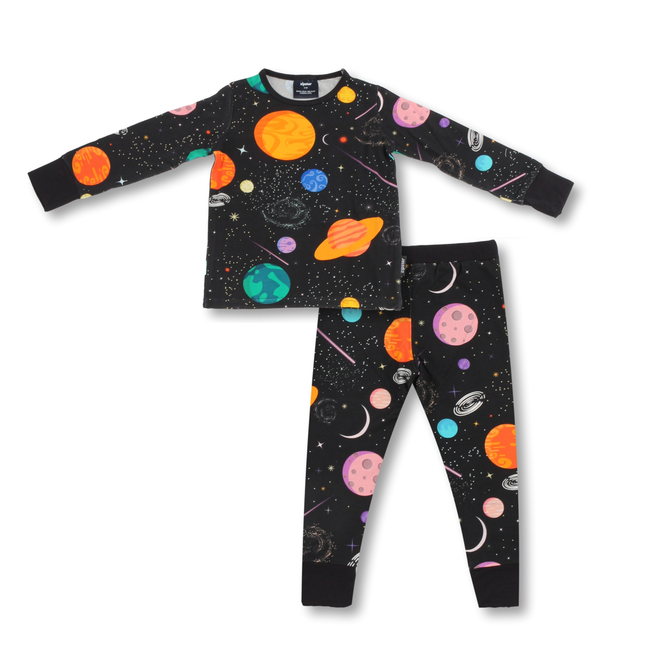 Pijamale 2 piese, material din bambus, ZIPSTER - Galaxy, Negru cu model planete, pentru baieti