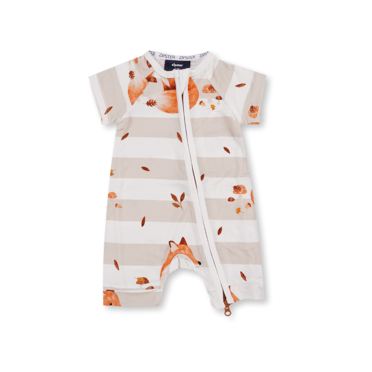 Pijamale scurte din bambus cu fermoar reversibil, ZIPSTER - Shortie Fox Cub, Alb cu model Vulpe, pentru fetite si baietei