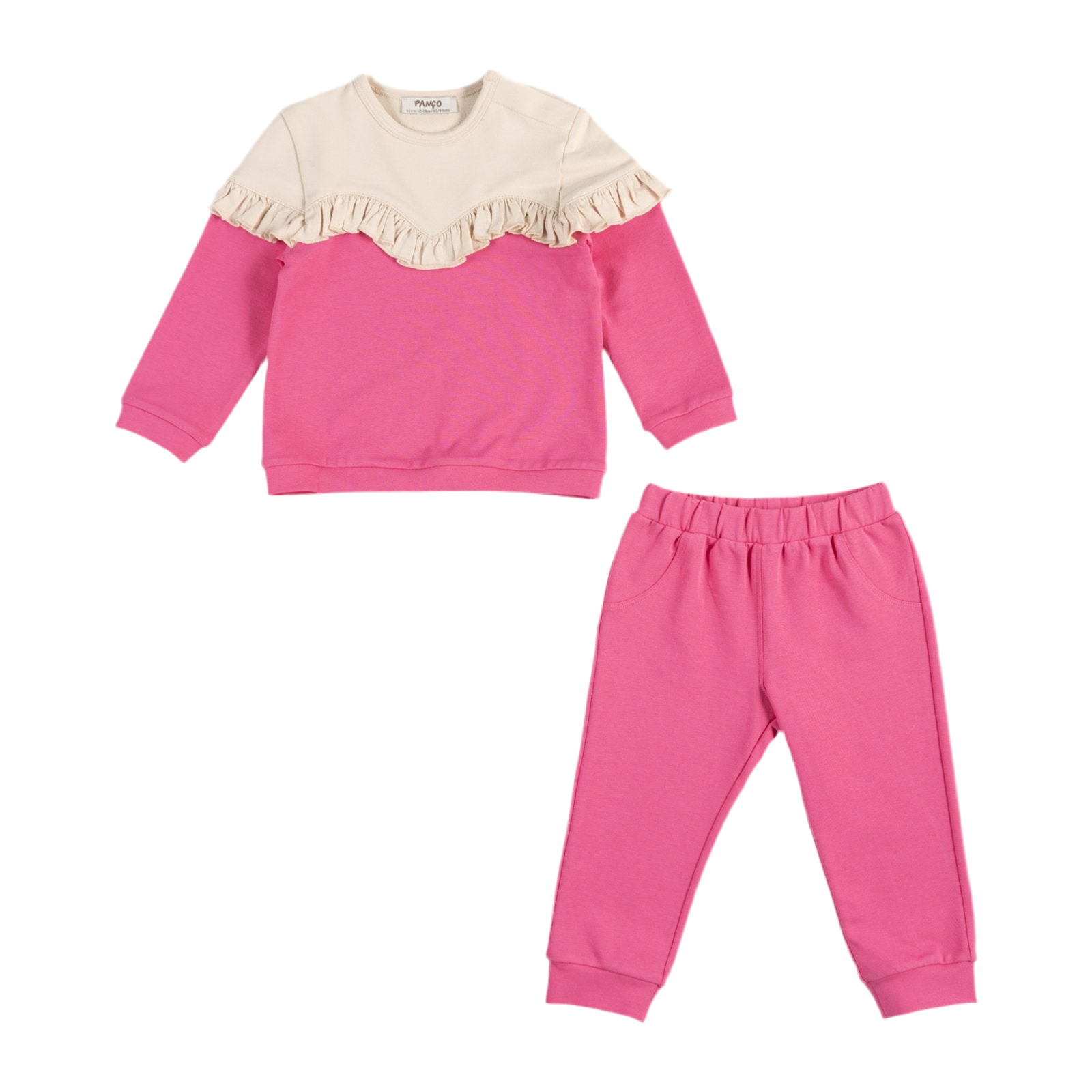 Set 2 piese sport: Bluza cu maneca lunga si volan si pantalon PANCO - Hope, Roz Fucsia si Bej, pentru fetite