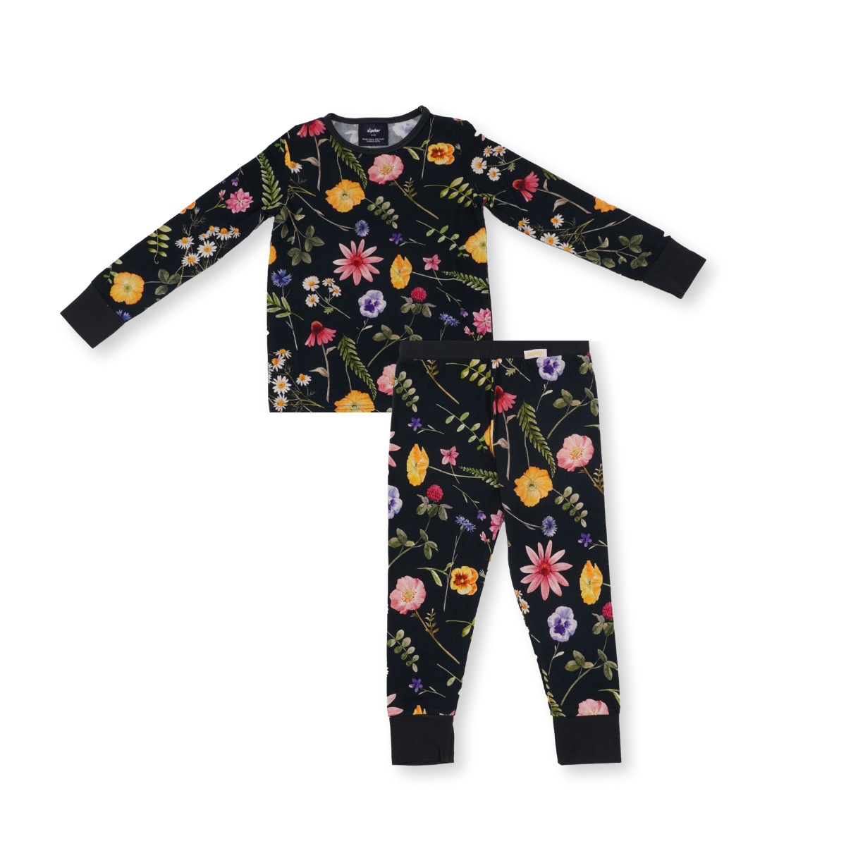 Pijamale 2 piese, material din bambus, ZIPSTER - WildFlower, Verde Inchis cu floricele Multicolore, pentru fetite