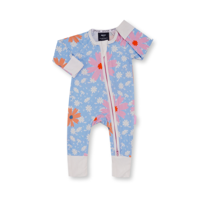 Pijamale lungi din bambus cu fermoar reversibil, ZIPSTER - Daisy, Bleu cu floricele Roz, pentru fetite