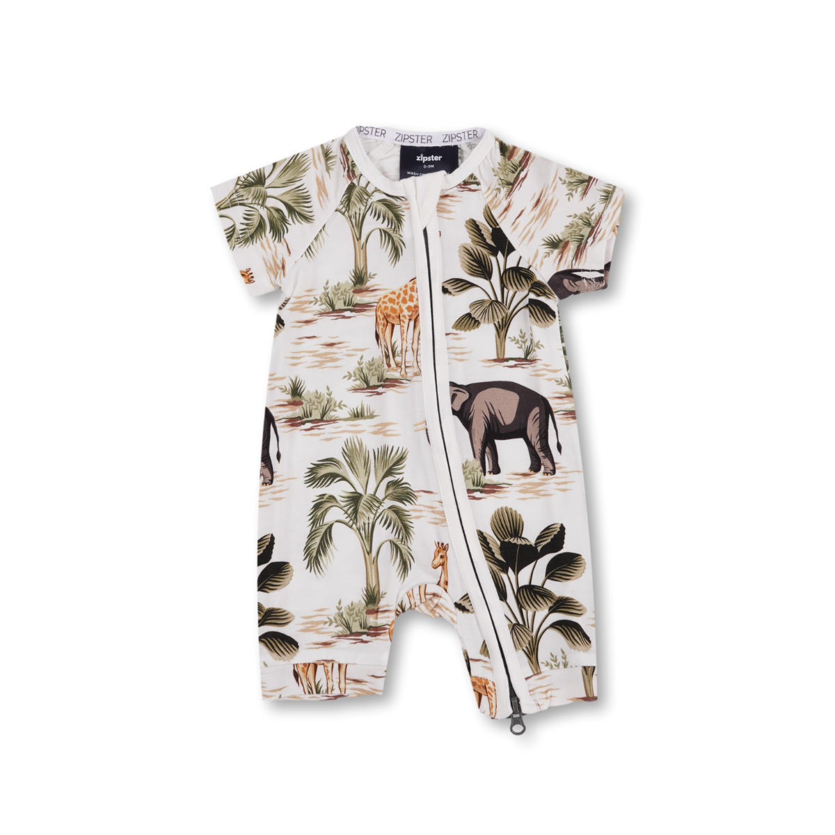Pijamale scurte din bambus cu fermoar reversibil, ZIPSTER- Shortie Jungle,  Alb cu Verde, pentru fetite si baietei