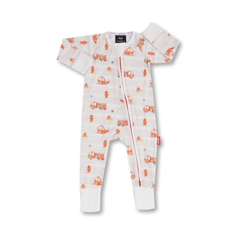 Pijamale lungi din bambus cu fermoar reversibil, ZIPSTER - FireTruck, Alb cu Portocaliu, pentru baieti