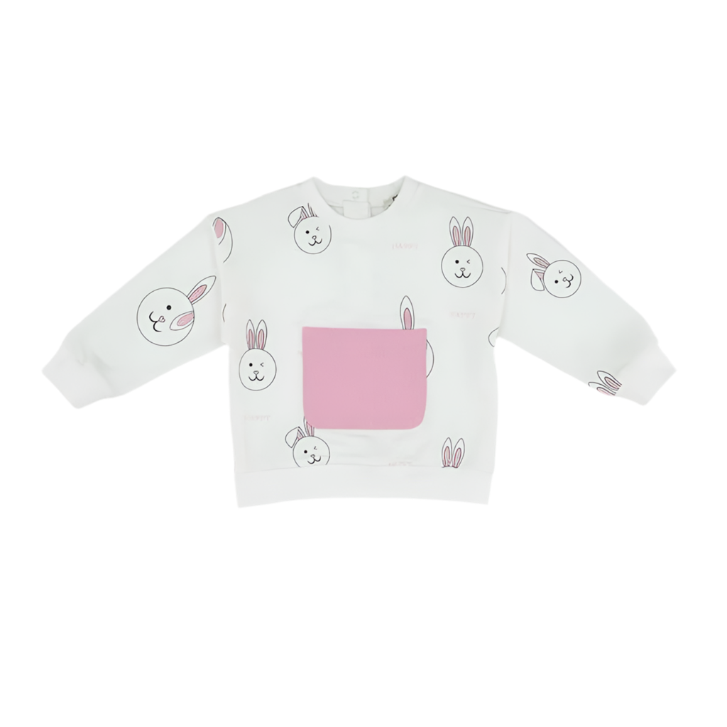 Bluza cu maneca lunga si imprimeu Iepuras PANCO - Stella, Alb si Roz, pentru fetite