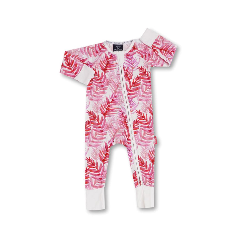 Pijamale lungi din bambus cu fermoar reversibil, ZIPSTER - Pink Ferns, Alb cu Frunze Roz, pentru fetite