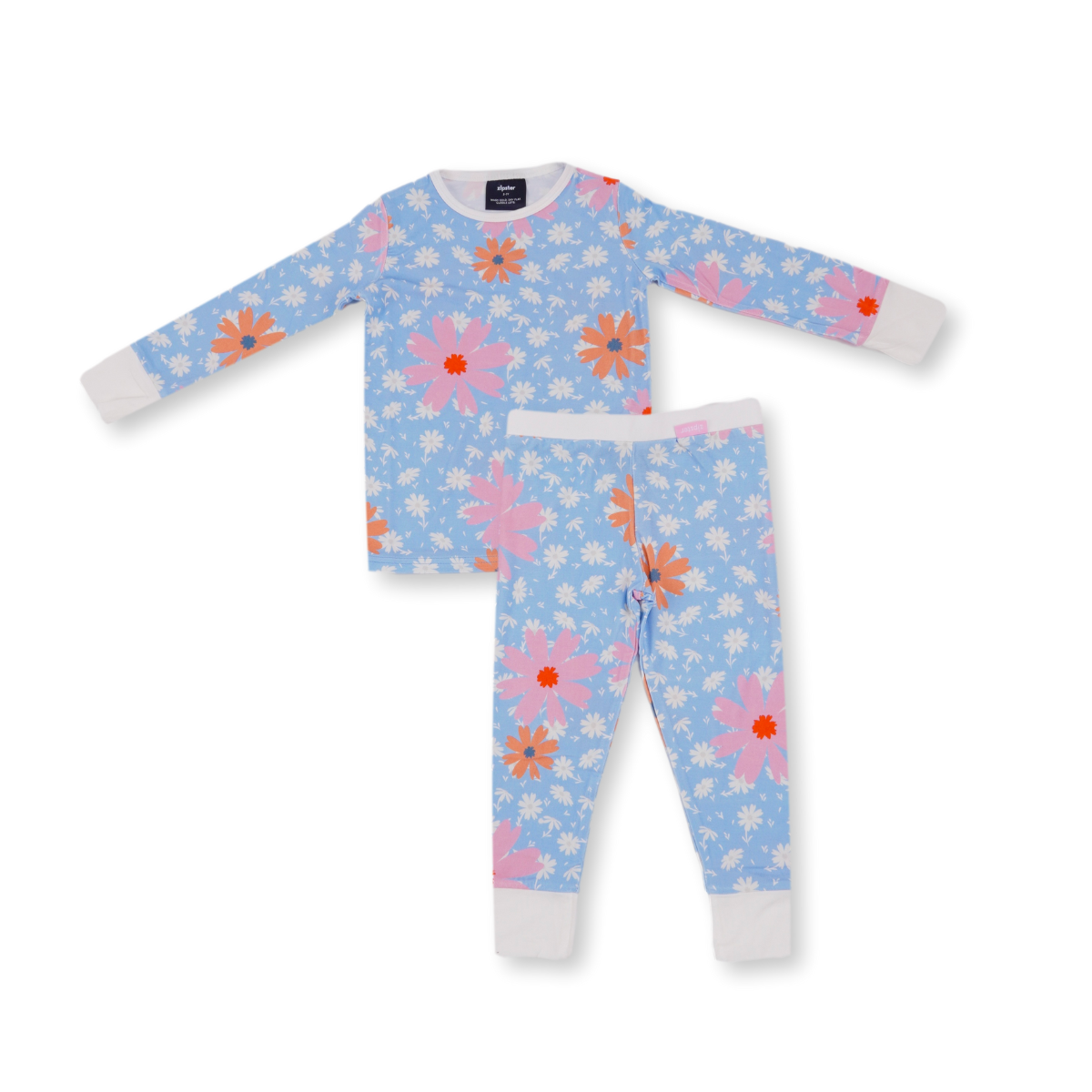 Pijamale 2 piese, material din bambus, ZIPSTER - Daisy, Bleu cu floricele Roz, pentru fetite