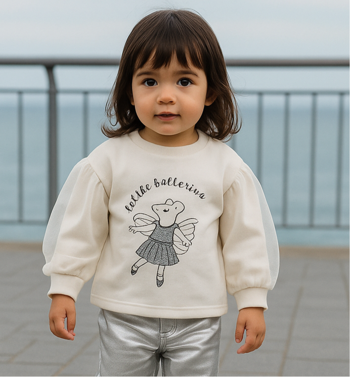 Bluza cu maneca lunga si tull, model soricel, PANCO - Little Ballerina, Ecru, pentru fetite