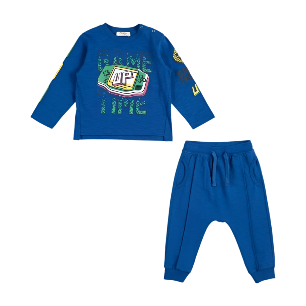 Set 3 piese sport: Bluza cu maneca lunga imprimata, pantaloni si vesta PANCO - Gaming Mode, Albastru Electric si Alb, pentru baietei