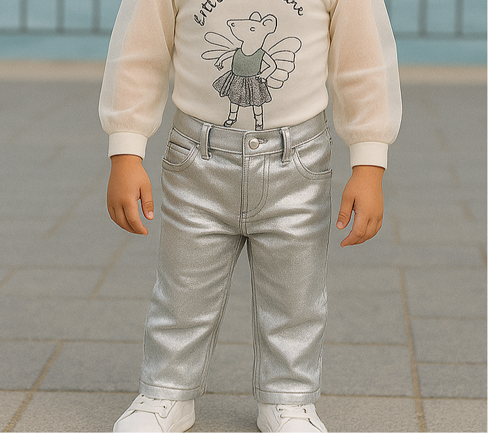 Blugi drepti cu folie argintie, PANCO - Little Ballerina, Gri, pentru fetite