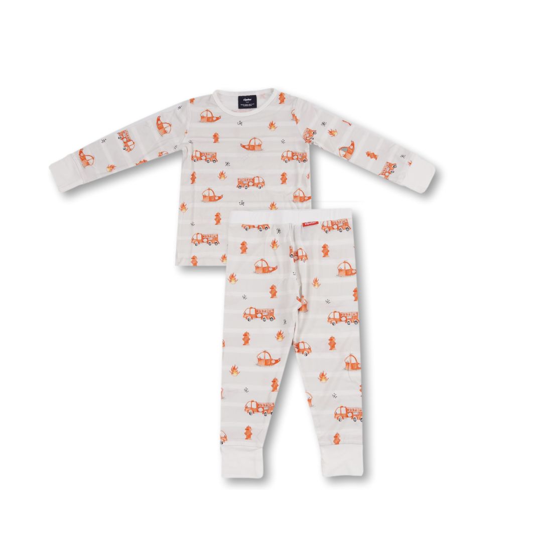 Pijamale 2 piese, material din bambus, ZIPSTER - FireTruck, Alb cu Portocaliu, pentru baieti