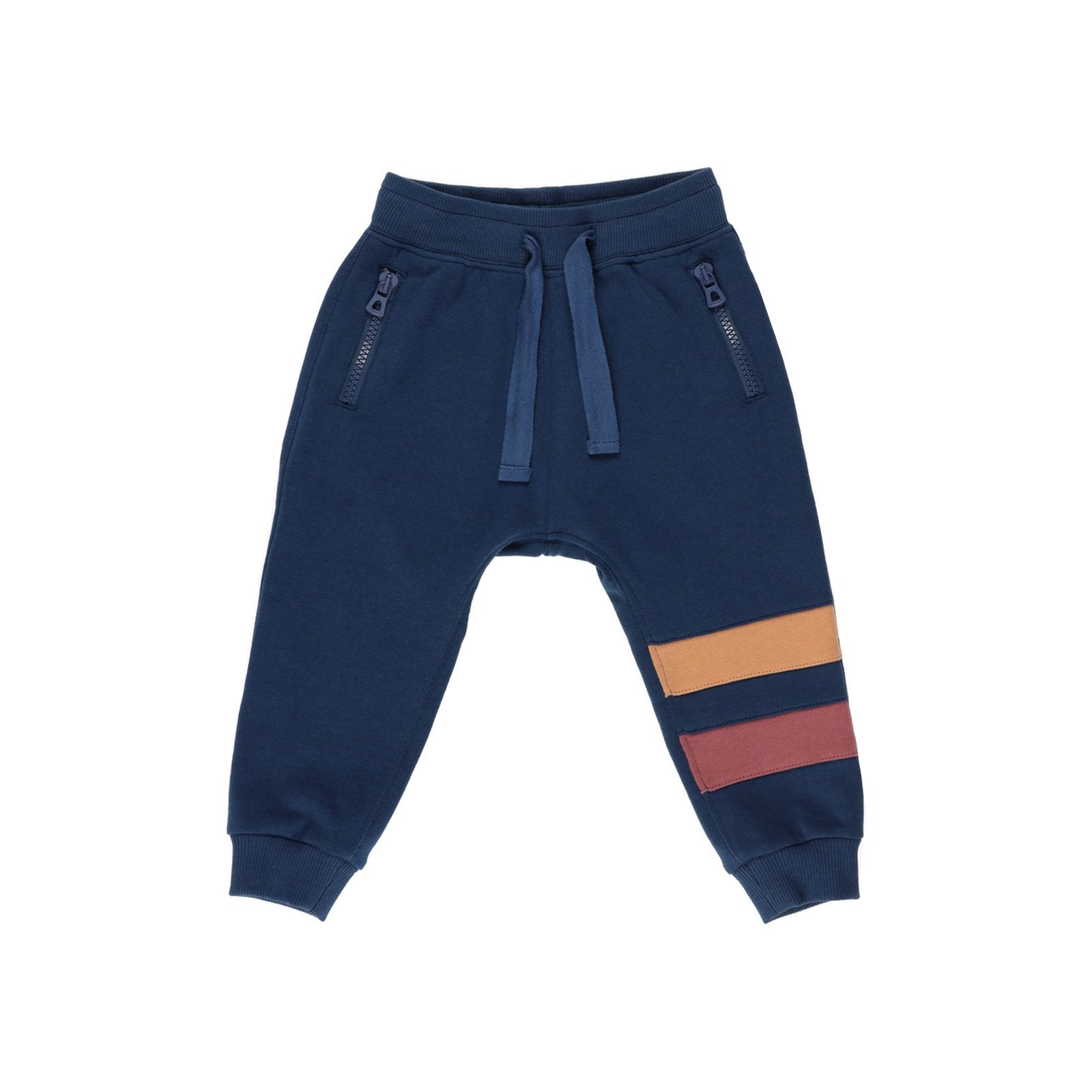 Pantaloni sport PANCO - Moments, Albastru Navy cu dungi Galben si Rosu, pentru baietei