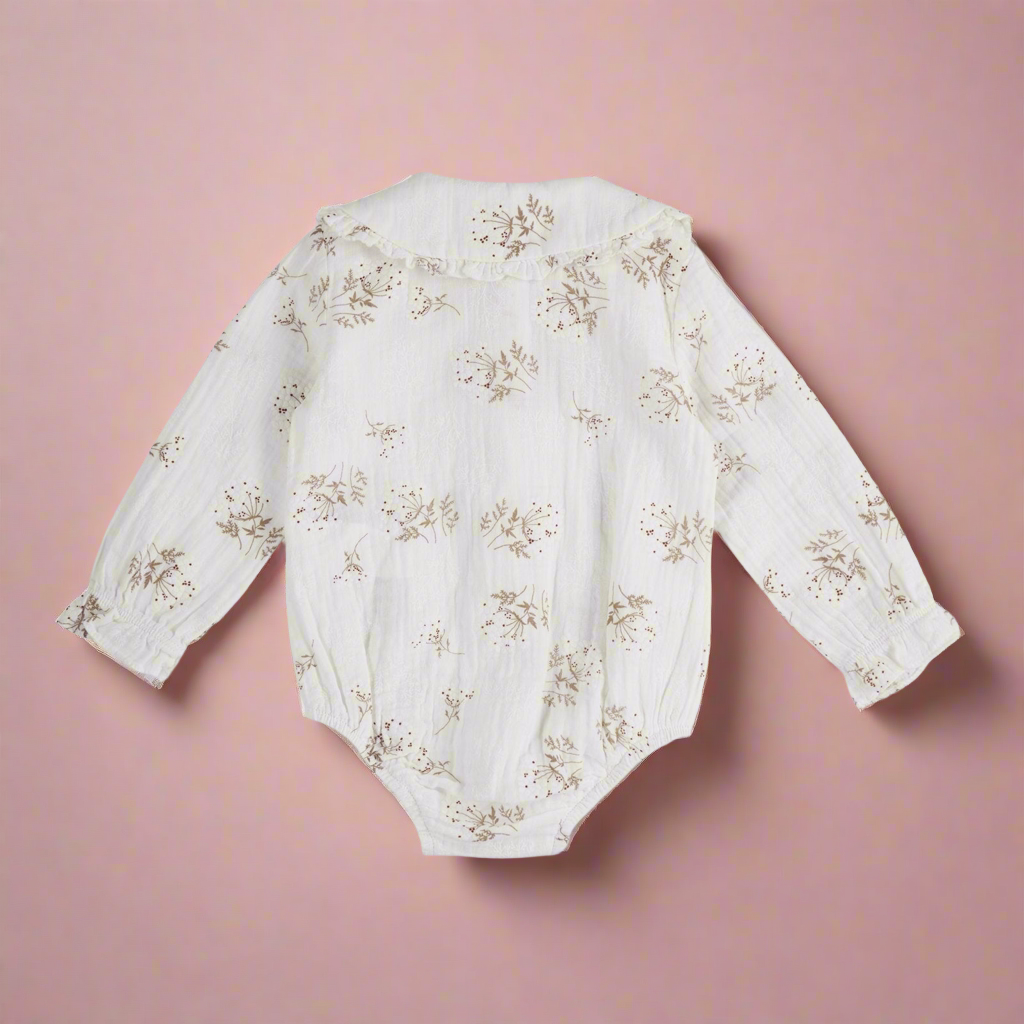 Body tip camasa, cu guler brodat si floricele, PANCO - Zoey, Alb si Bej, pentru fetite