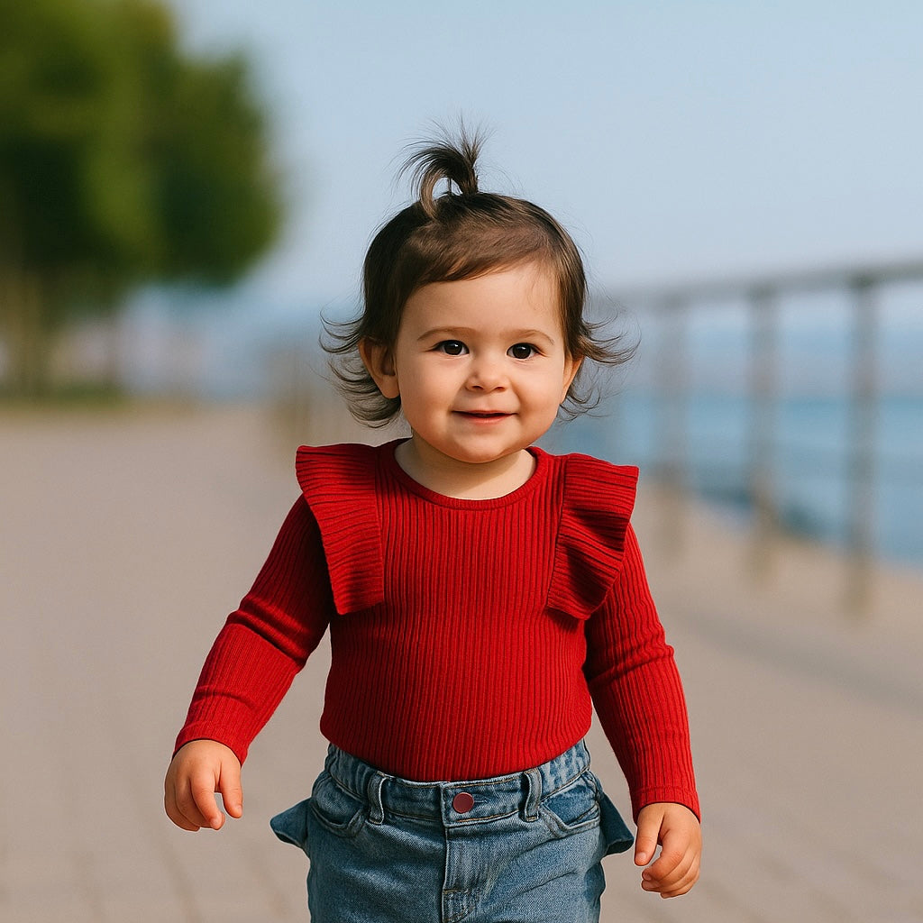 Bluza tricotata cu maneca lunga si volanase, PANCO - It`s Our Nature, Rosu, pentru fetite