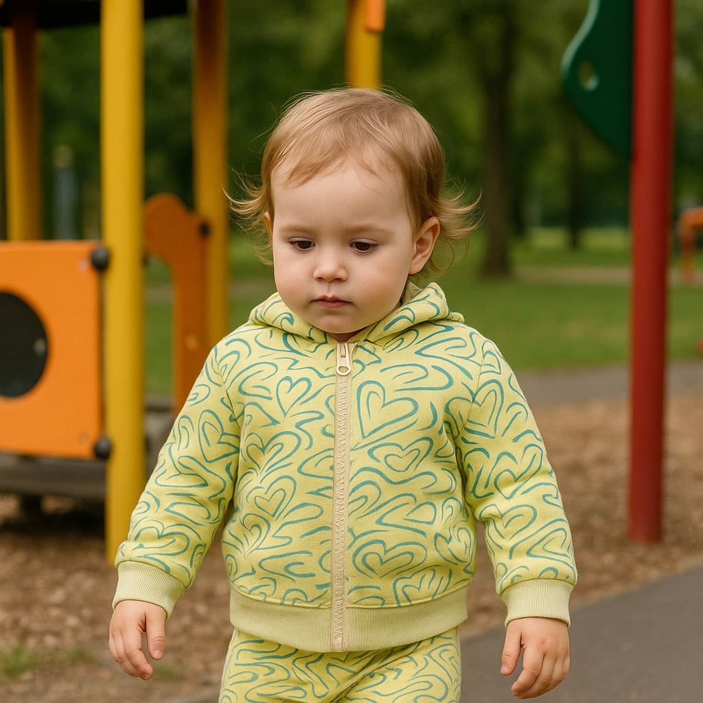 Hanorac cu gluga fermoar si imprimeu Inimioare PANCO - Keep Going, Galben si Bej, pentru fetite