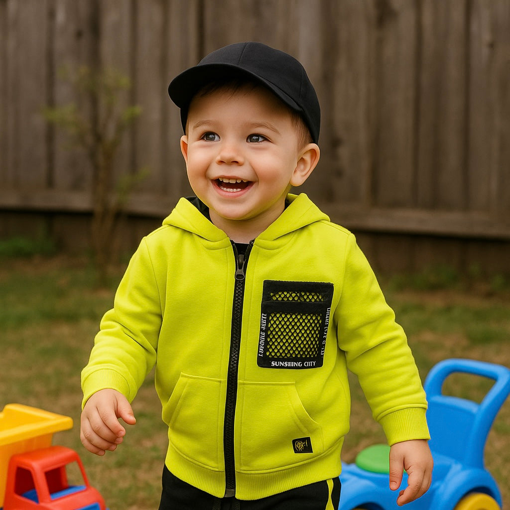 Haorac cu gluga, fermoar cu detaliu buzunar PANCO - City Boys, Galben Fosforescent, pentru baietei