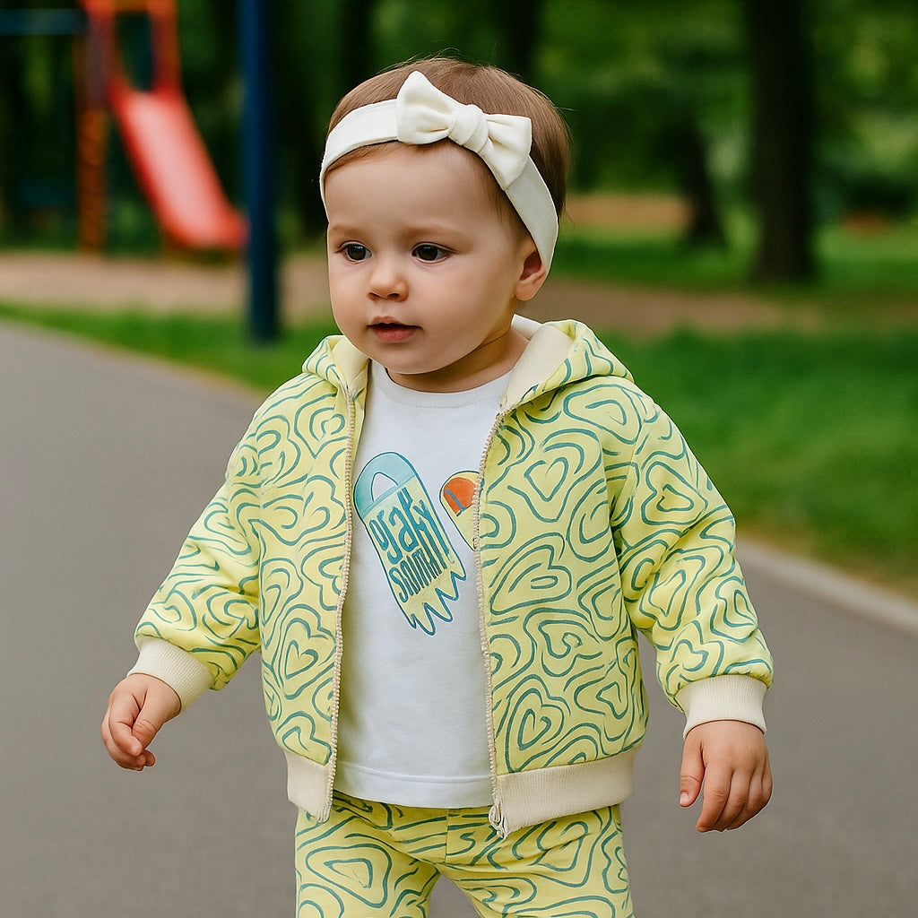 Hanorac cu gluga fermoar si imprimeu Inimioare PANCO - Keep Going, Galben si Bej, pentru fetite