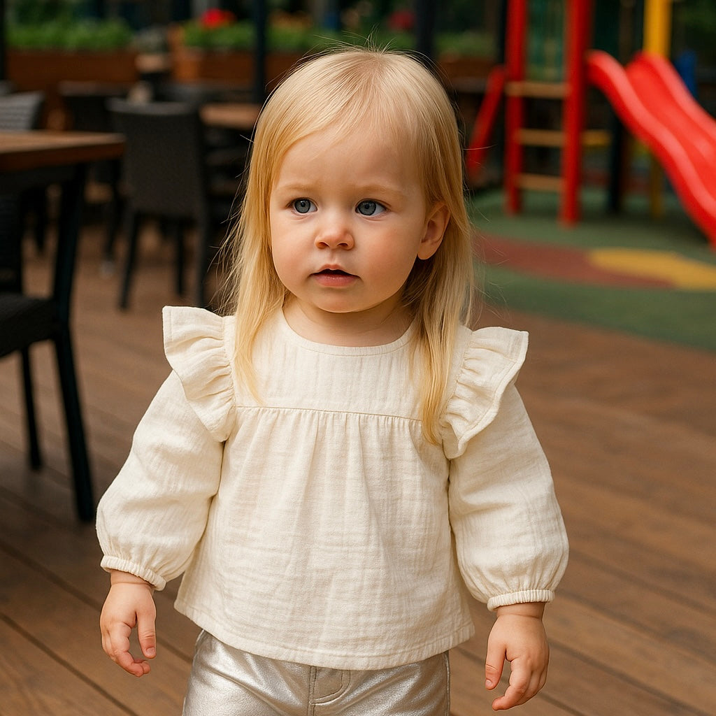 Bluza cu maneca lunga si volan, PANCO - Minimal Optimist, Ecru, pentru fetite