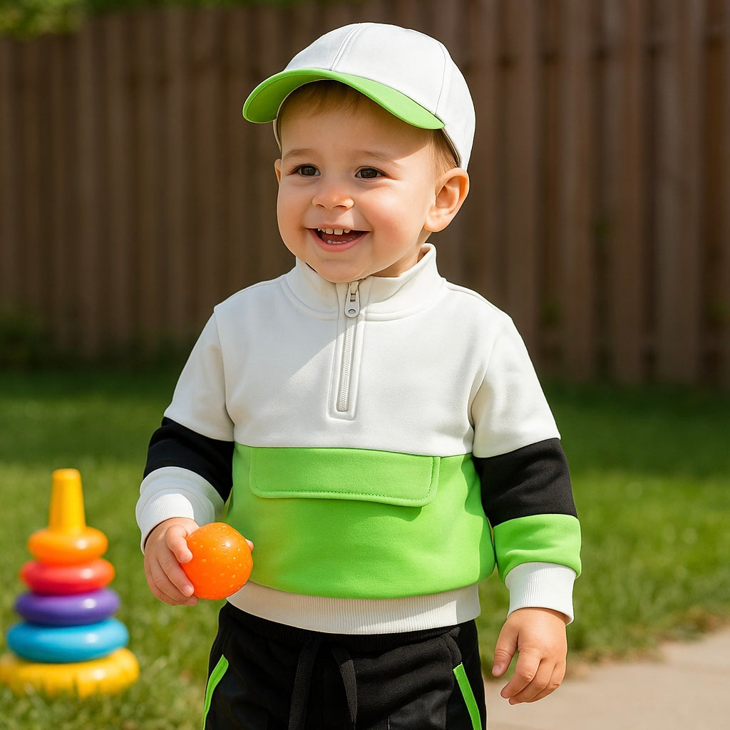 Bluza sport PANCO - Natural Power, Alb cu dungi verzi, pentru baietei