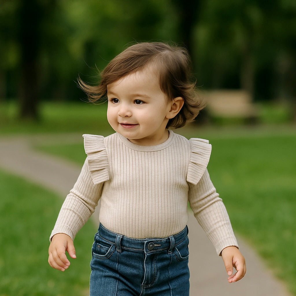 Bluza tricotata cu maneca lunga si volanase, PANCO - It`s Our Nature, Gri Melange, pentru fetite