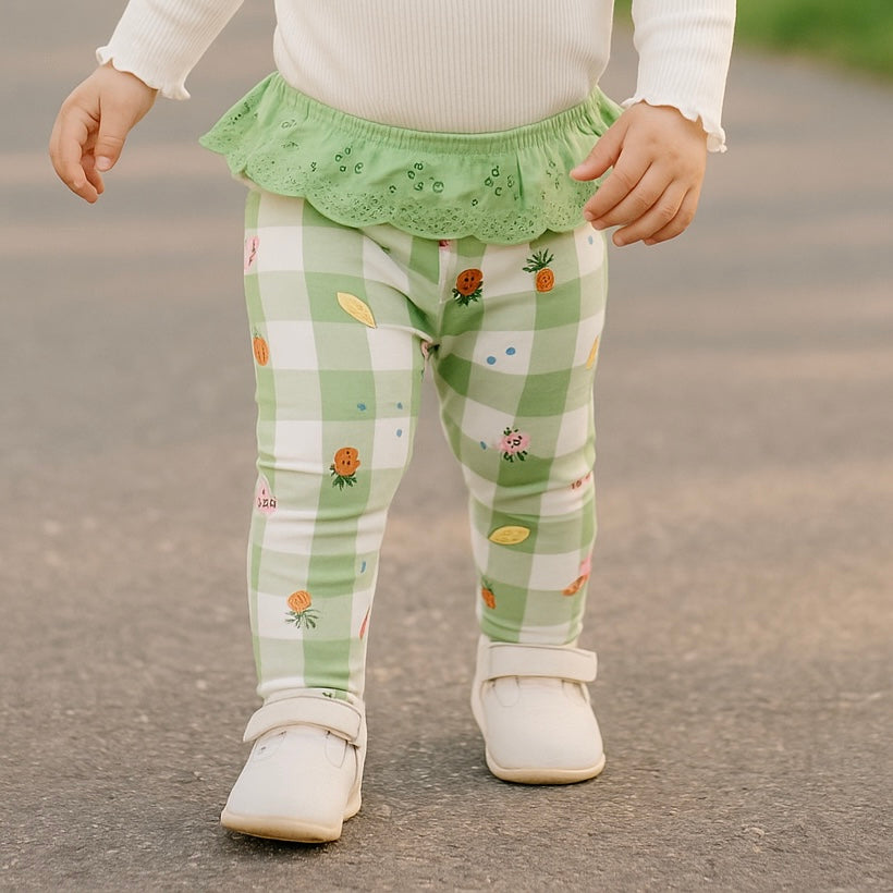 Colanti in carouri cu volan in talie si detalii fructe PANCO - Vivian, Verde Mint, pentru fetite