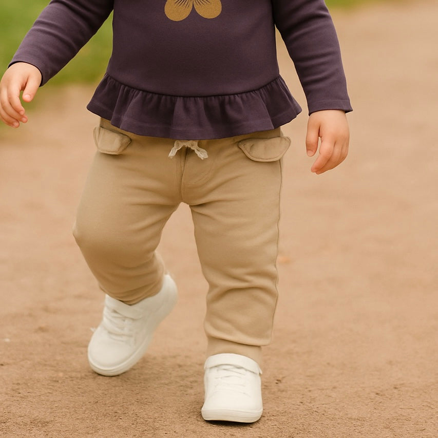 Pantaloni de trening lungi cu volanas in talie, PANCO - Botanic Garden, Bej, pentru fetite