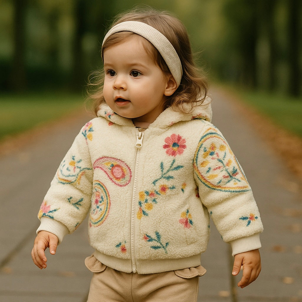 Jacheta cu gluga Teddy, fermoar roz si imprimeu PANCO - Flexible, Ecru, pentru fetite