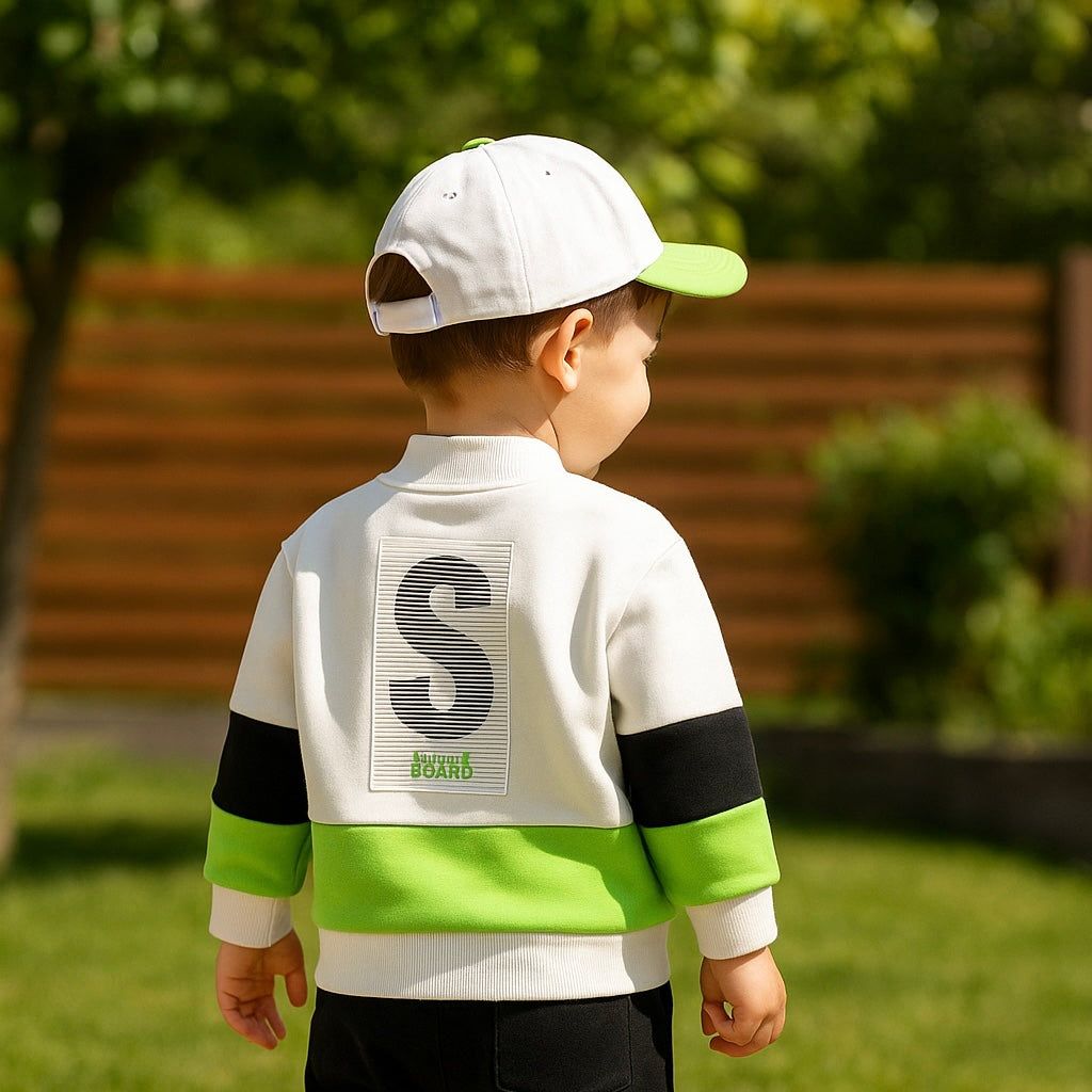 Bluza sport PANCO - Natural Power, Alb cu dungi verzi, pentru baietei