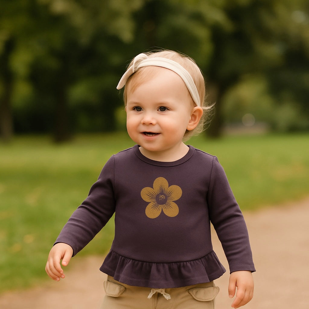 Bluza subtire cu maneca lunga, model cu floricica si volanas in talie, PANCO - Time To Bloom, Mov, pentru fetite