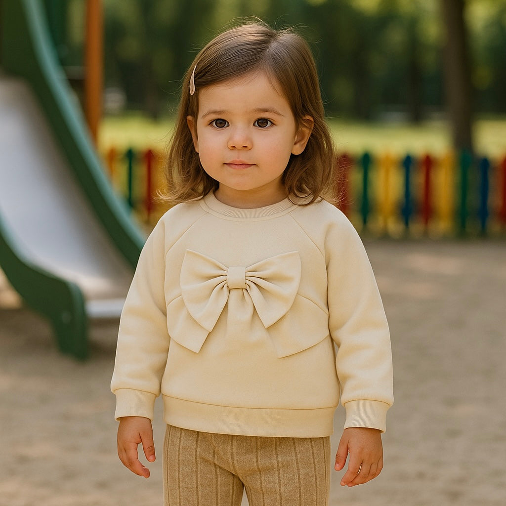 Bluza groasa cu maneca lunga si fundita, PANCO - Minimal Optimist, Bej, pentru fetite