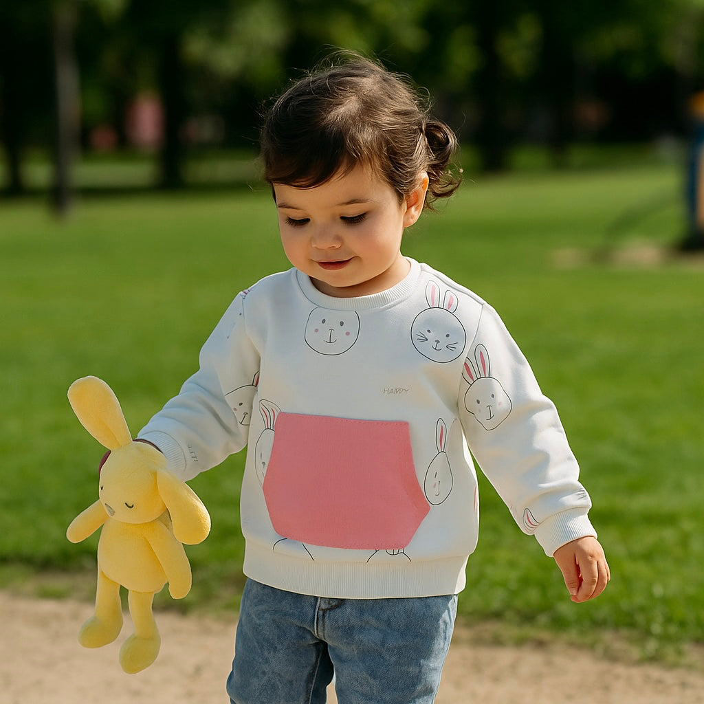 Bluza cu maneca lunga si imprimeu Iepuras PANCO - Stella, Alb si Roz, pentru fetite