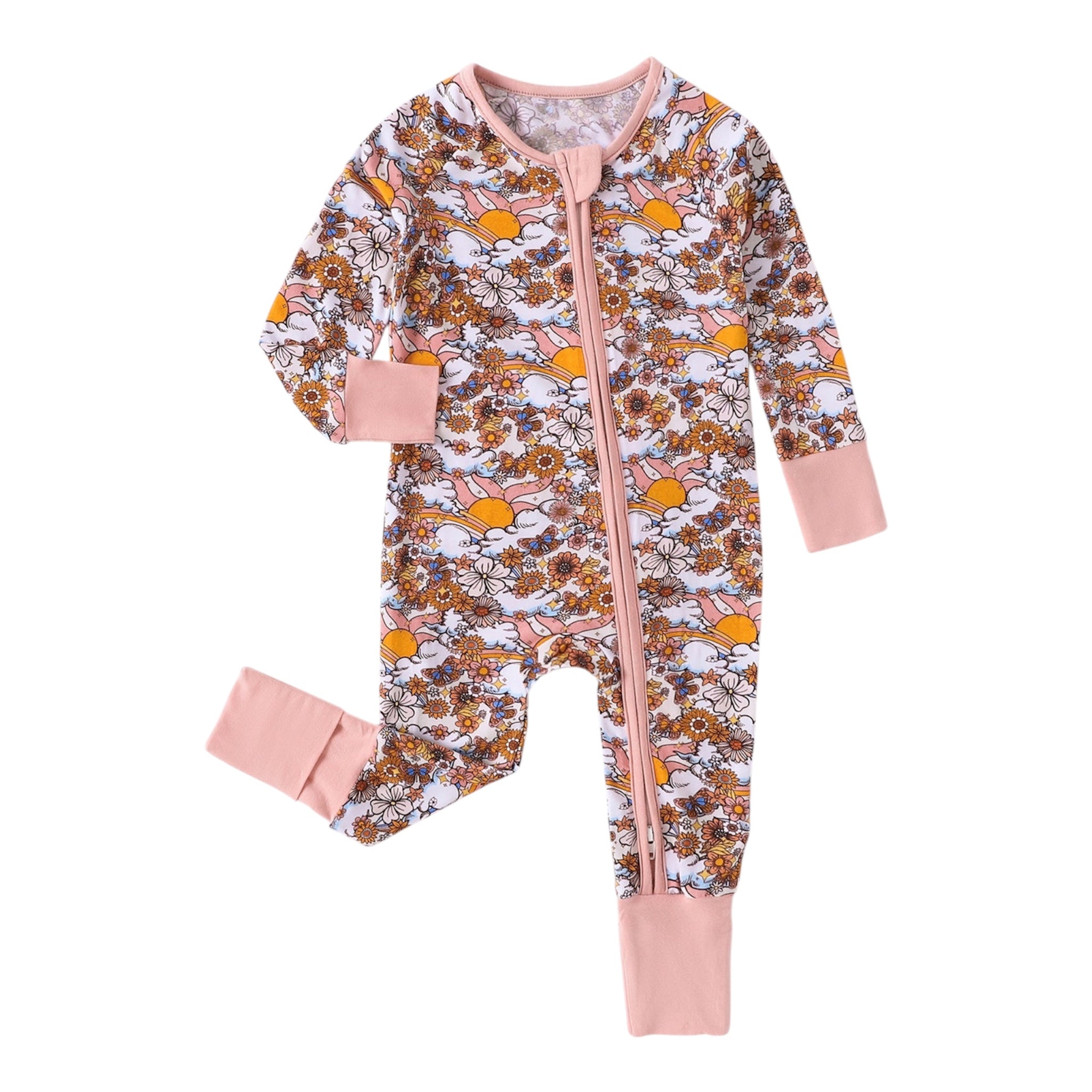 Pijamale lungi din bambus - model slimfit, Orange Blossom, Portocaliu, pentru fetite