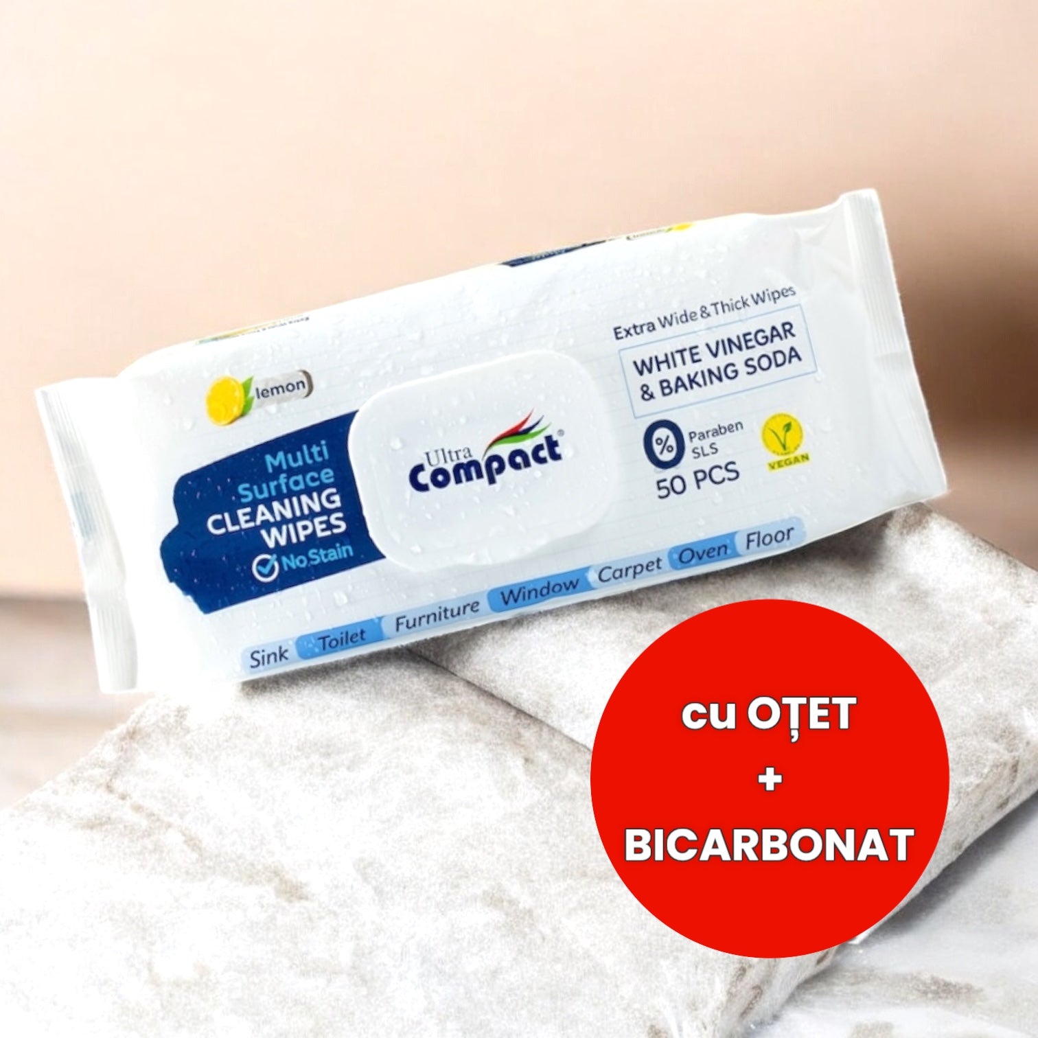 Șervețele Umede cu capac - MULTI SUPRAFETE, cu Otet si Bicarbonat de sodiu, Lămâie, 50 buc