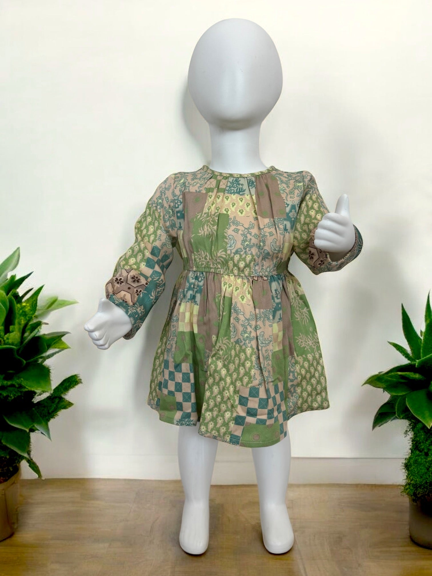 Rochie cu maneca lunga si elastic in talie, PANCO - Botanic Garden, Bej & Verde, pentru fetite