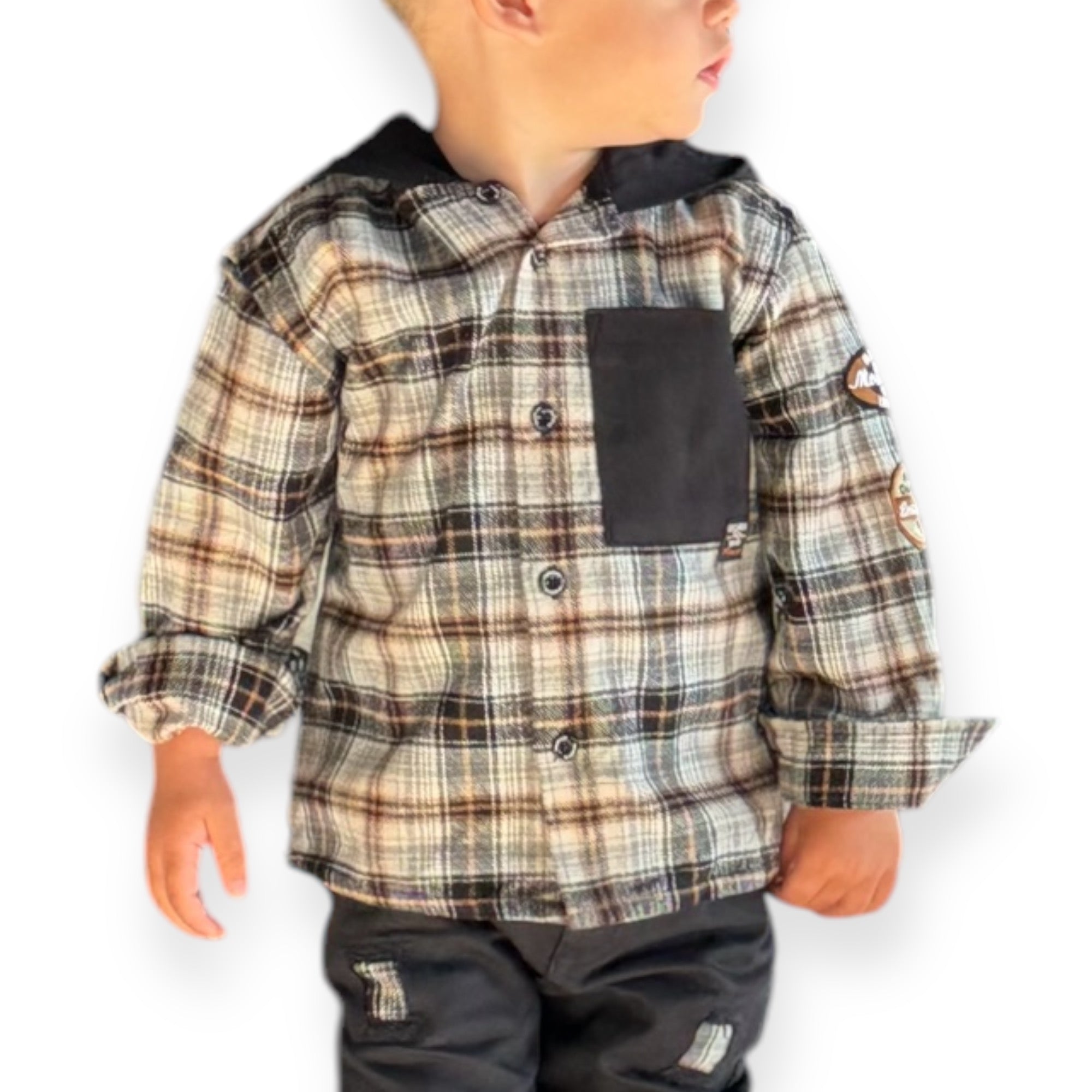 Camasa rock cu gluga si imprimeu in carouri PANCO - Road Legend, Negru, pentru baietei