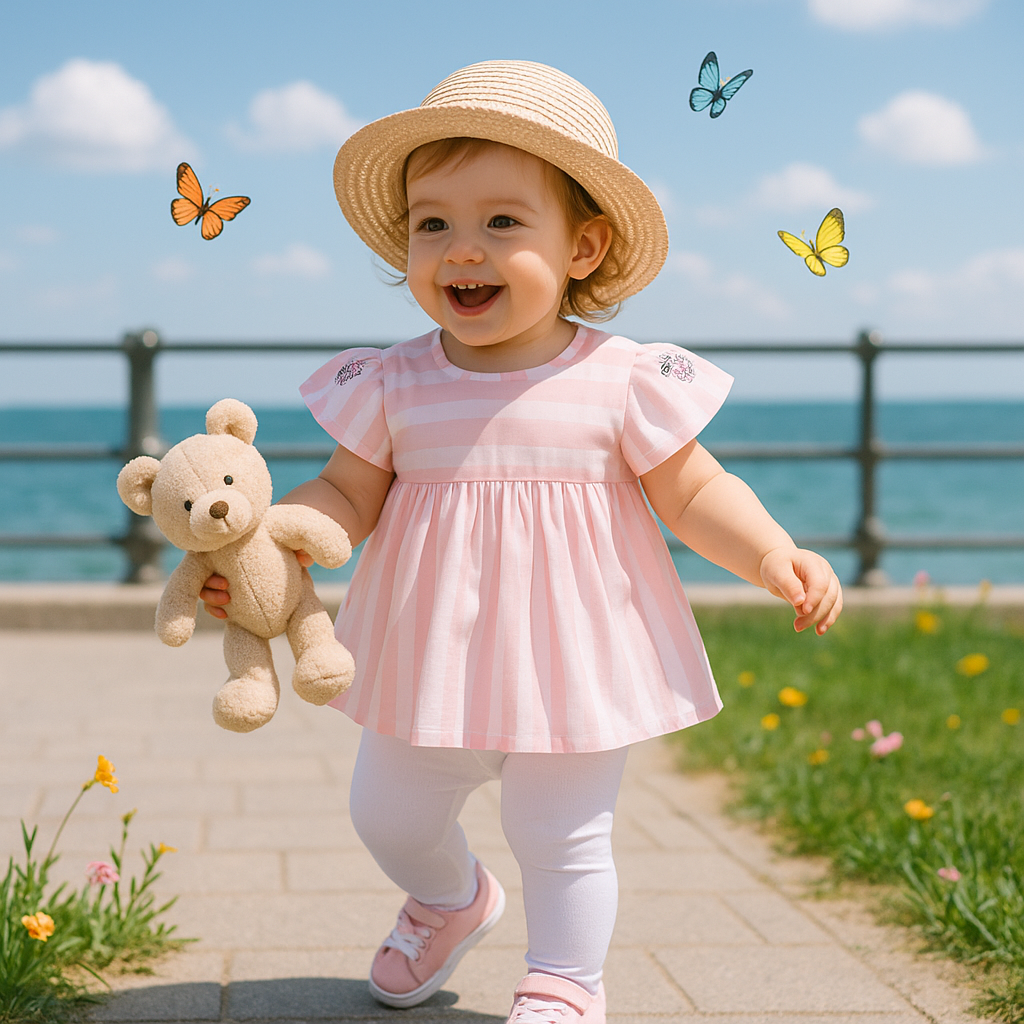 Bluza babydoll EEVI - Flowers, Roz cu dungi albe, pentru fetite