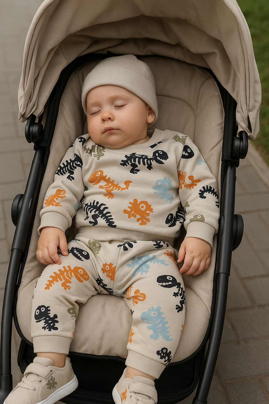 Set trening din 2 piese cu model Dinozaur, PANCO - Authentic Threads, Bej, pentru baieti