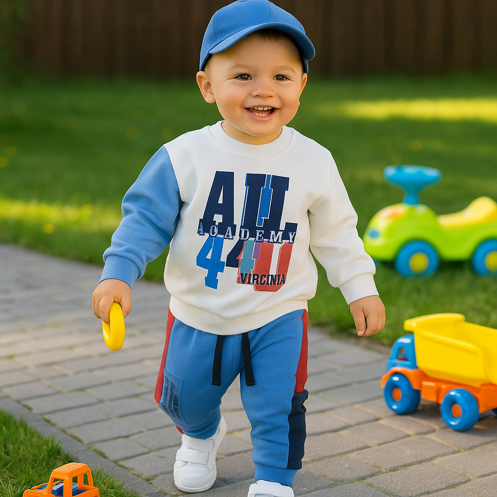 Set 2 piese trening bluza si pantalon PANCO - Athletic Team, Alb si Bleumarin, pentru baietei