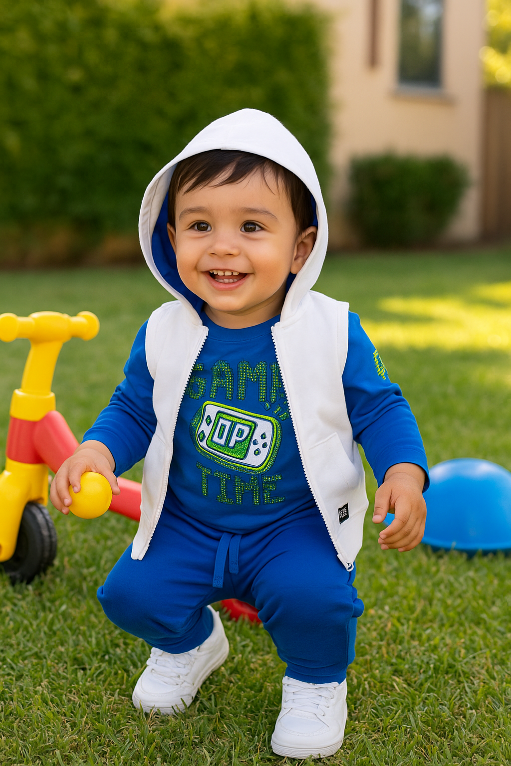Set 3 piese sport: Bluza cu maneca lunga imprimata, pantaloni si vesta PANCO - Gaming Mode, Albastru Electric si Alb, pentru baietei