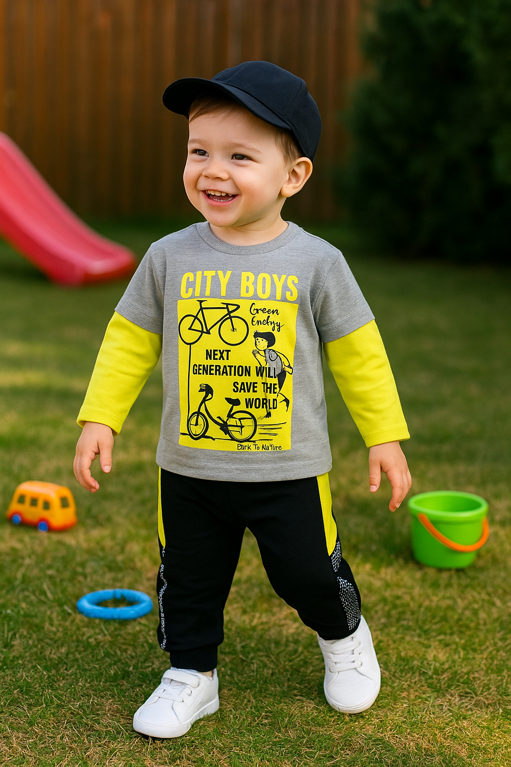 Bluza subtire cu maneca lunga, PANCO - City Boys, Gri cu maneci Galbene, pentru baietei