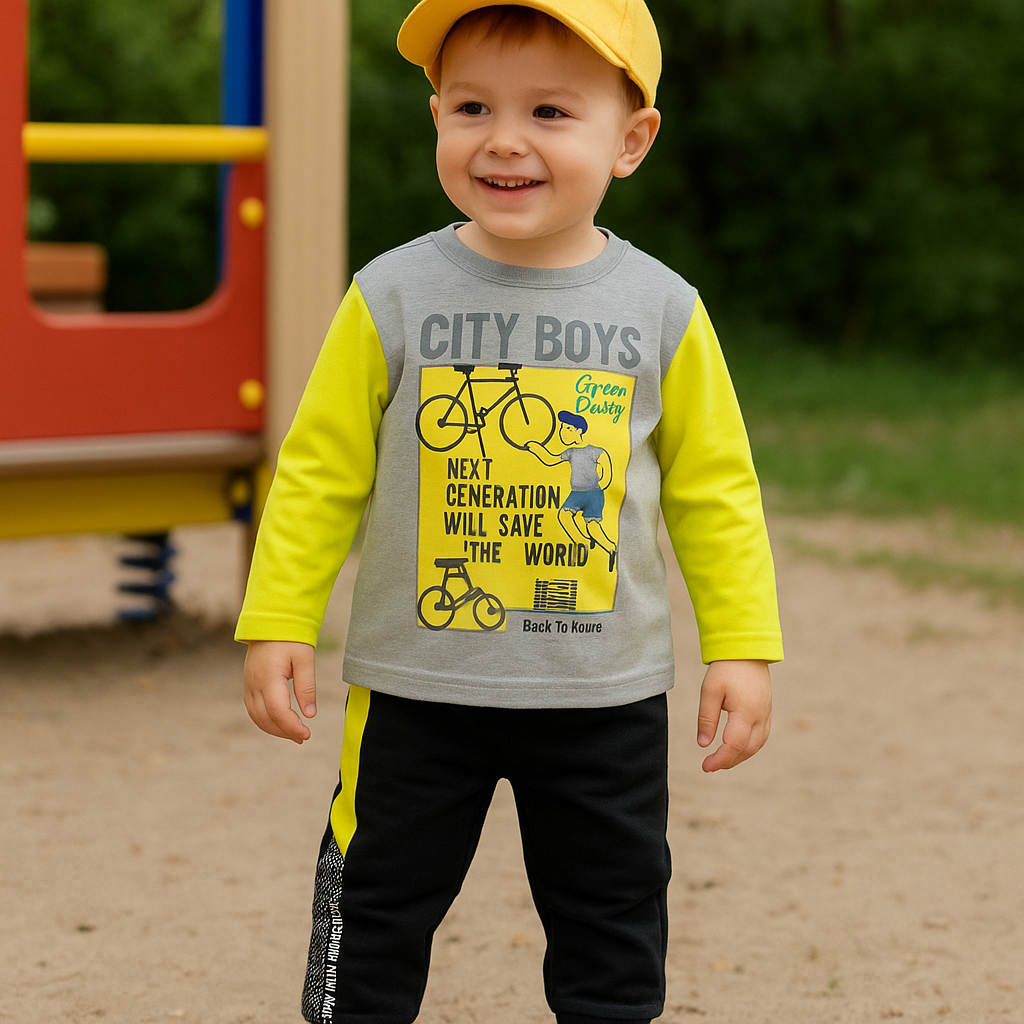 Bluza subtire cu maneca lunga, PANCO - City Boys, Gri cu maneci Galbene, pentru baietei