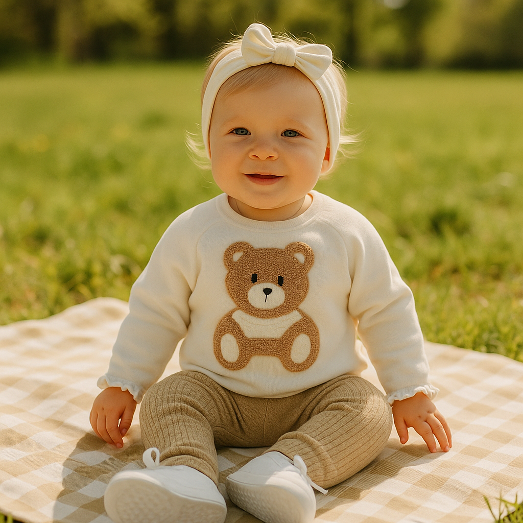 Bluza cu maneca lunga, model Ursulet, PANCO - Cute Bear, Ecru, pentru fetite