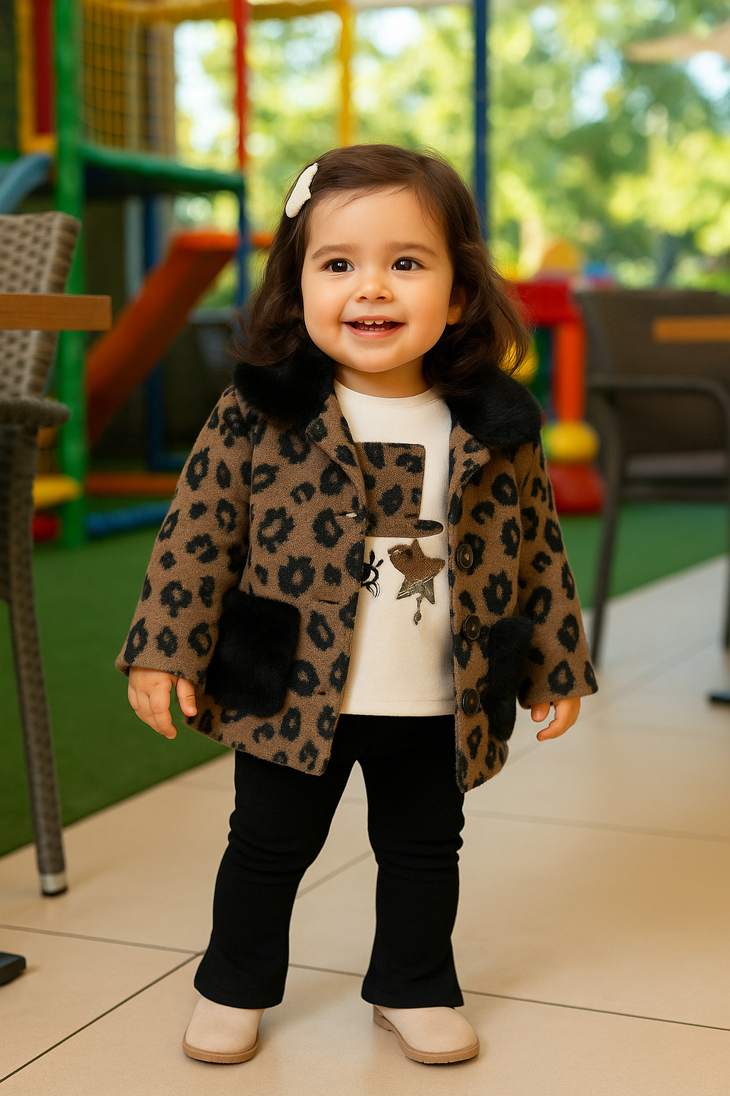 Palton elegant cu blanita, PANCO - Chic, Maro - Animal Print, pentru fetite