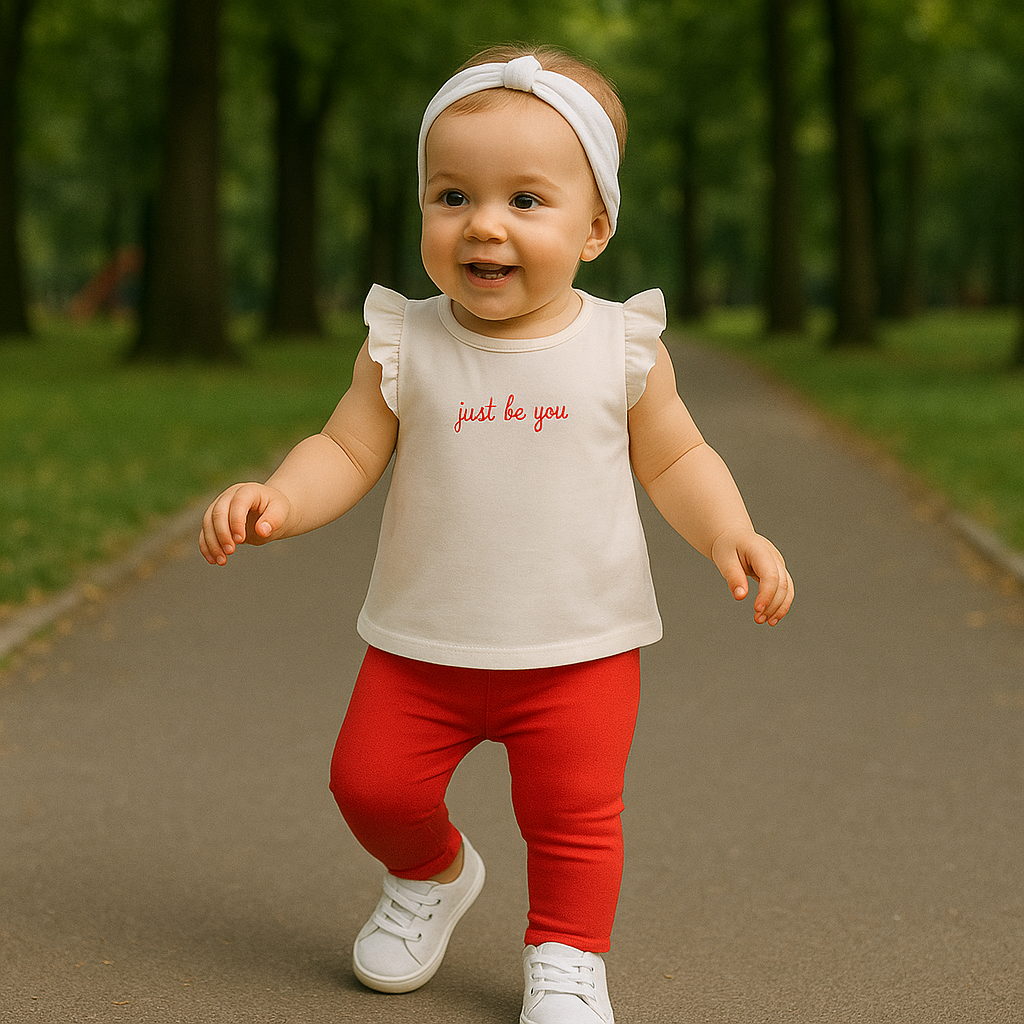 Set 2 piese: tricou si colanti PANCO - Layana, Rosu & Bej, pentru fetite