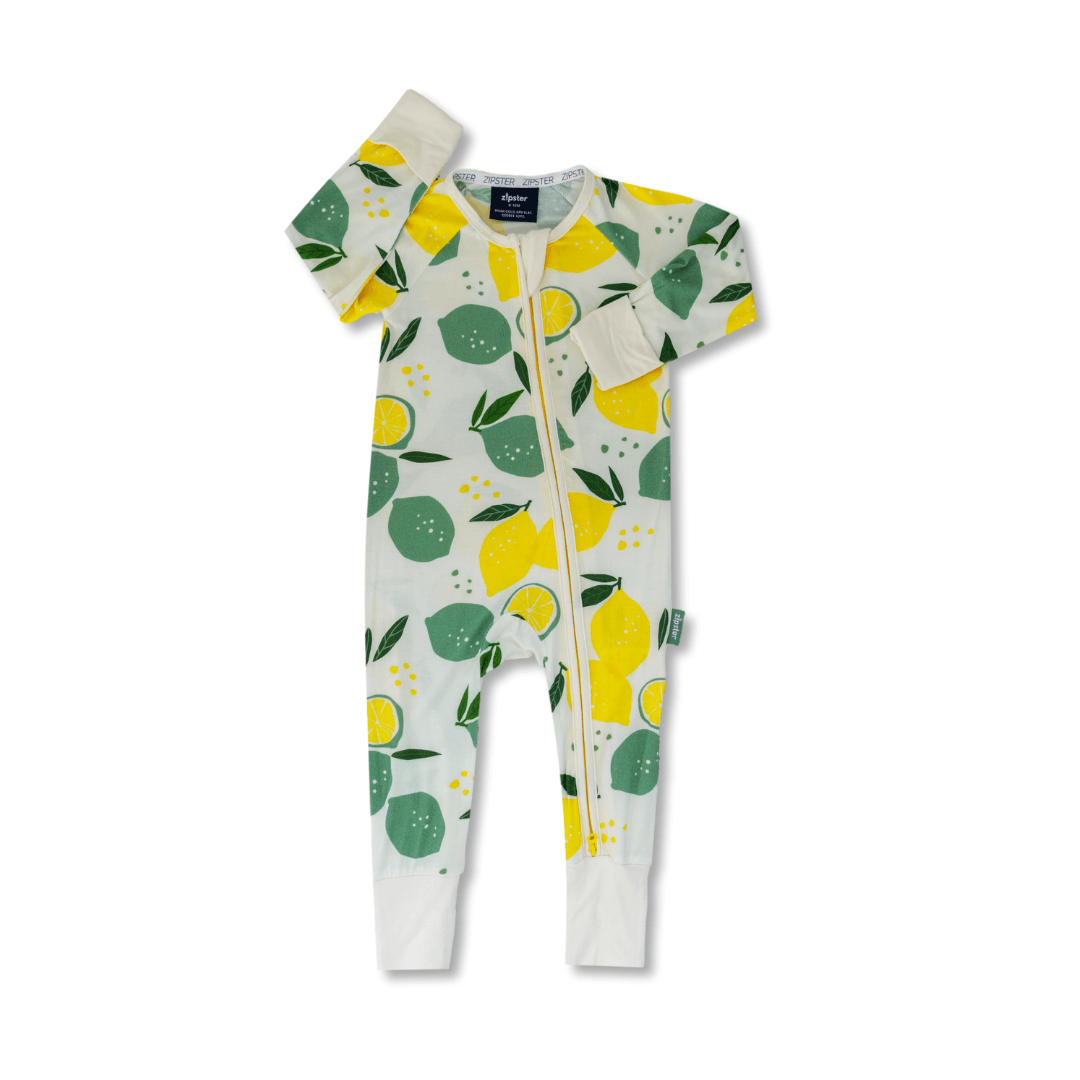 Pijamale lungi cu fermoar din bambus, ZIPSTER - Lemons, Alb Verde Galben, pentru baieti