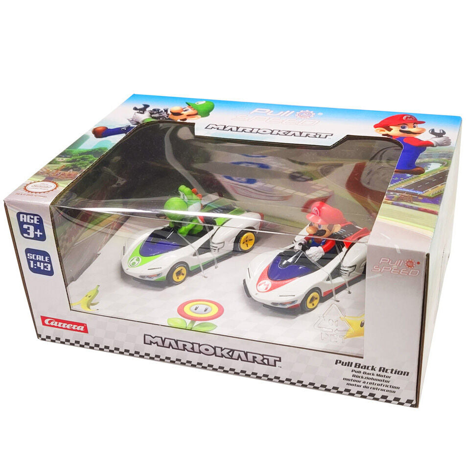 Super Mario - SET 2 masinute: Pull Speed Mario + Yoshi Mario Kart, 1 buc