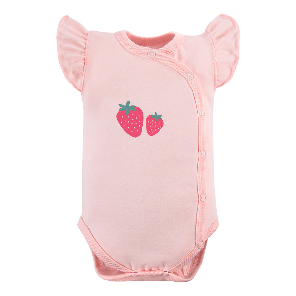 Body cu maneca scurta tip volan si model capsunele, EEVI - Strawberry and Love, Roz, pentru fetite