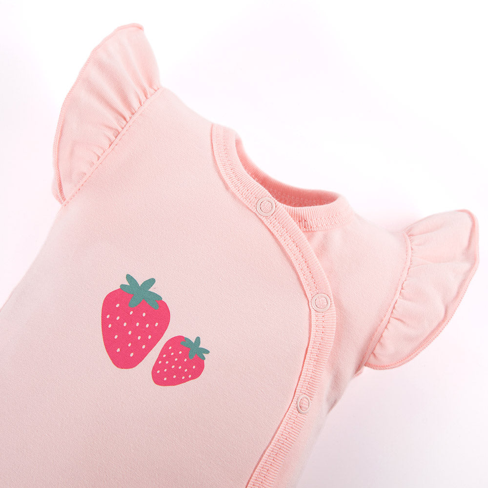 Body cu maneca scurta tip volan si model capsunele, EEVI - Strawberry and Love, Roz, pentru fetite